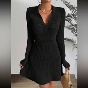 Black Essnce Solid Ribbed Knit Sweater Dress